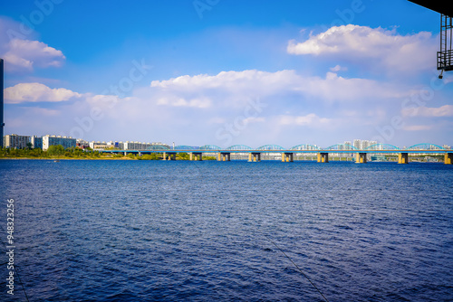 The scenery of the Han River and Dongjak Bridge in Seoul, South Korea. photo