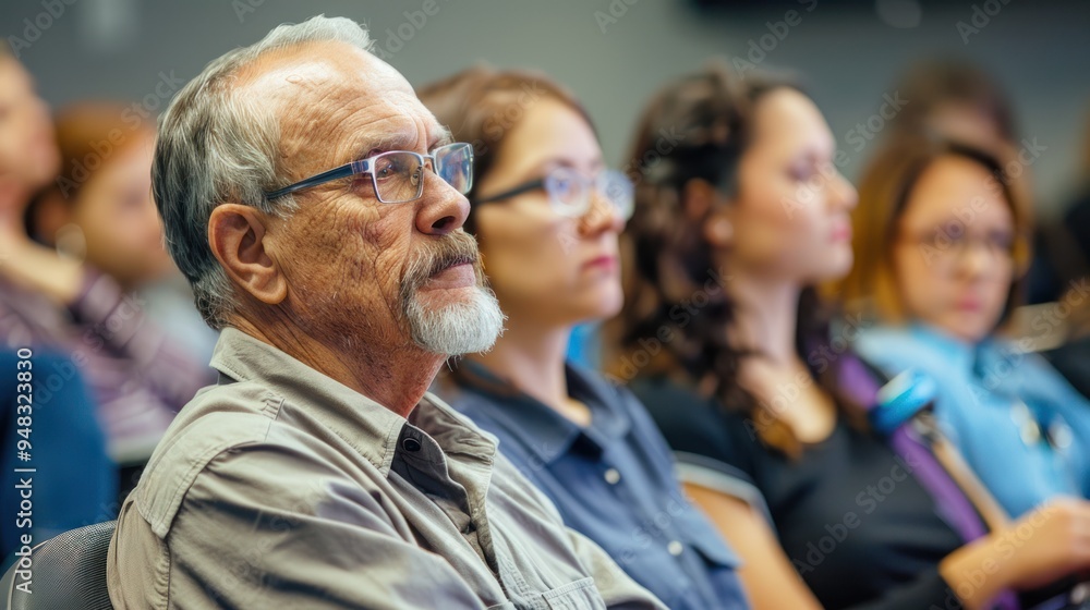 A mature adult attending a professional development seminar, interacting with the instructor and peers A mature adult attending a professional development seminar, interacting with the instructor and peers
