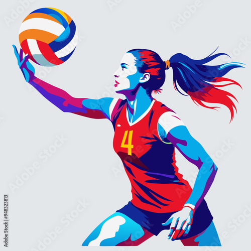 Dynamic Female Volleyball Player Leaping for the Ball in Colorful Pop Art Style, Vector Image
