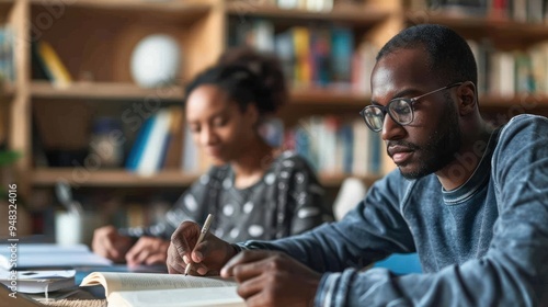 Mature adults studying for personal growth, reading books and taking notes at home