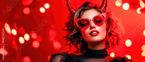 Devilishly stylish young woman at a Halloween party, wearing red horns and a black outfit, with a playful expression that matches her costume