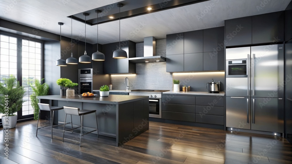 Sleek modern kitchen interior in black with stainless steel appliances and minimalist design Sleek modern kitchen interior in black with stainless steel appliances and minimalist design
