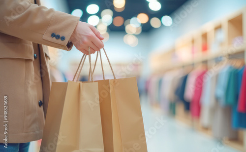 He holds paper bags with supermarket purchases in his hand photo