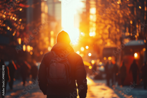 Man In City At Sunset