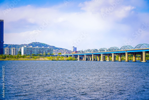 The scenery of the Han River and Dongjak Bridge in Seoul, South Korea. photo