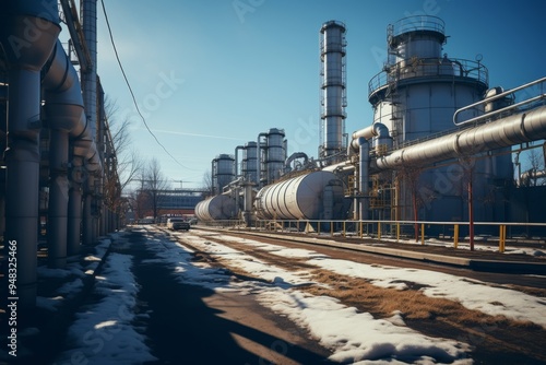 Gas pipelines and valves at distribution station under blue sky, industrial image