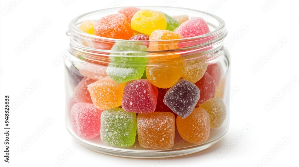 A detailed shot of a transparent jar filled with assorted hard candies, with their colors and textures prominently visible against a simple white background. A detailed shot of a transparent jar filled with assorted hard candies, with their colors and textures prominently visible against a simple white background.