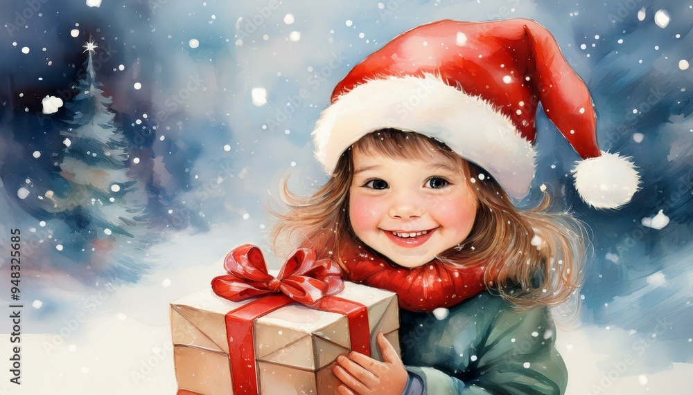 Pointillism. Happy toddler in Santa hat with christmas gift in hands, on winter snowing background. Pointillism. Happy toddler in Santa hat with christmas gift in hands, on winter snowing background.