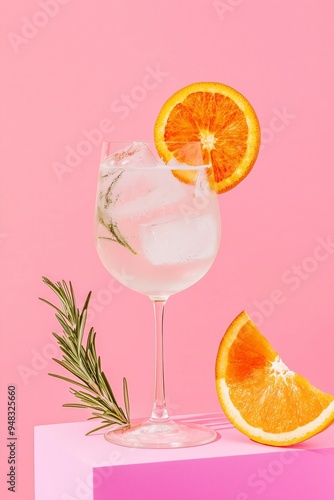 efreshing cocktail in a clear glass, garnished with a slice of vibrant orange and a sprig of rosemary, set against a soft pink gradient background photo