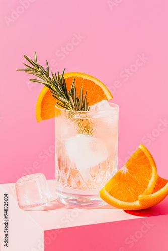 efreshing cocktail in a clear glass, garnished with a slice of vibrant orange and a sprig of rosemary, set against a soft pink gradient background photo