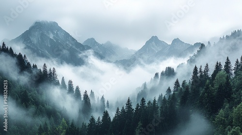 Misty Mountain Range with Peaks Emerging in Ethereal Atmosphere Capturing Nature's Beauty