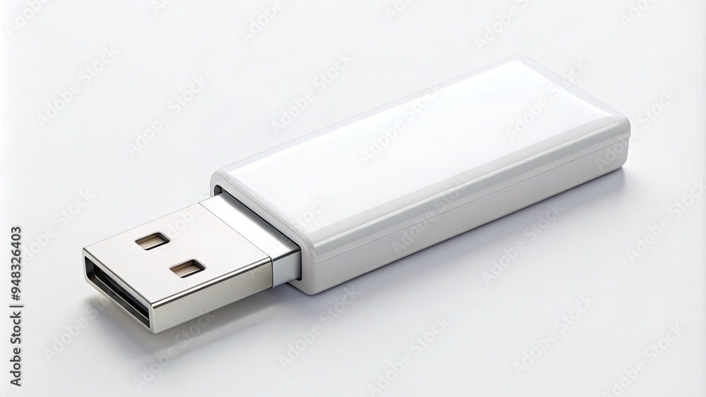 A sleek, modern white USB flash drive isolated on a clean background, its compact design and vibrant connector standing out in stark contrast. A sleek, modern white USB flash drive isolated on a clean background, its compact design and vibrant connector standing out in stark contrast.