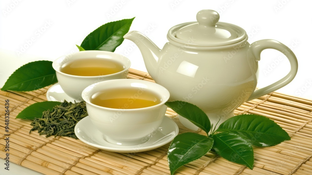 A serene setup featuring a white teapot and matching tea cups, filled with green loose-leaf tea, elegantly arranged on a bamboo mat with fresh leaves nearby for a peaceful atmosphere A serene setup featuring a white teapot and matching tea cups, filled with green loose-leaf tea, elegantly arranged on a bamboo mat with fresh leaves nearby for a peaceful atmosphere
