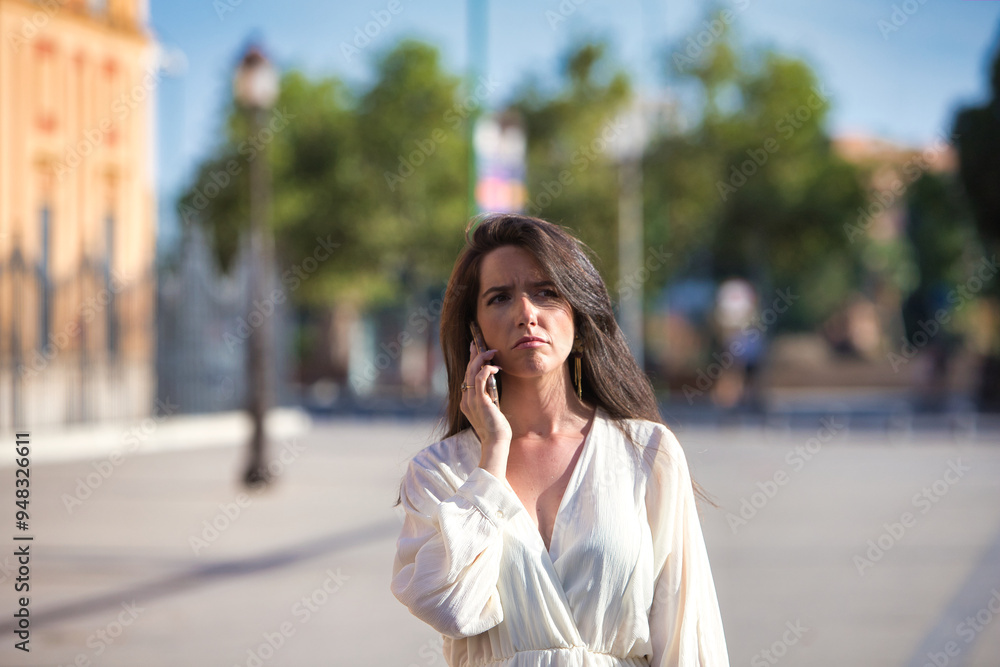 Young and beautiful Latin woman talks on the mobile phone with a worried and serious expression. The woman is on the street and walking through the city. Concept of new technologies and communications