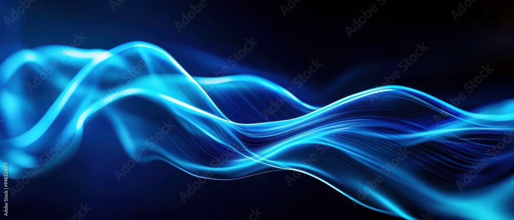 Bright cyan and light blue bands of light curving in a wave-like pattern, creating a sleek, modern abstract design on a dark backdrop Bright cyan and light blue bands of light curving in a wave-like pattern, creating a sleek, modern abstract design on a dark backdrop