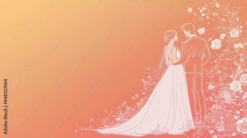 A minimalist illustration of a wedding couple standing together against a peach gradient background. They are outlined in white, symbolizing purity, love, and the beauty of a new beginning. The backgr A minimalist illustration of a wedding couple standing together against a peach gradient background. They are outlined in white, symbolizing purity, love, and the beauty of a new beginning. The backgr