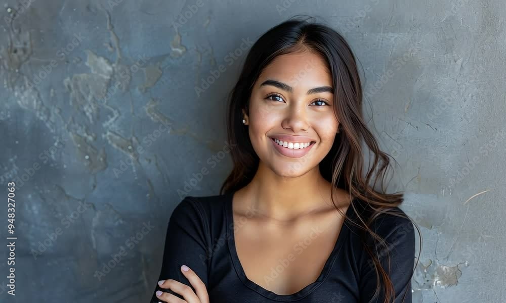 A young woman with long, flowing hair smiles warmly while standing confidently with crossed arms, showcasing her natural charm and vibrant personality A young woman with long, flowing hair smiles warmly while standing confidently with crossed arms, showcasing her natural charm and vibrant personality