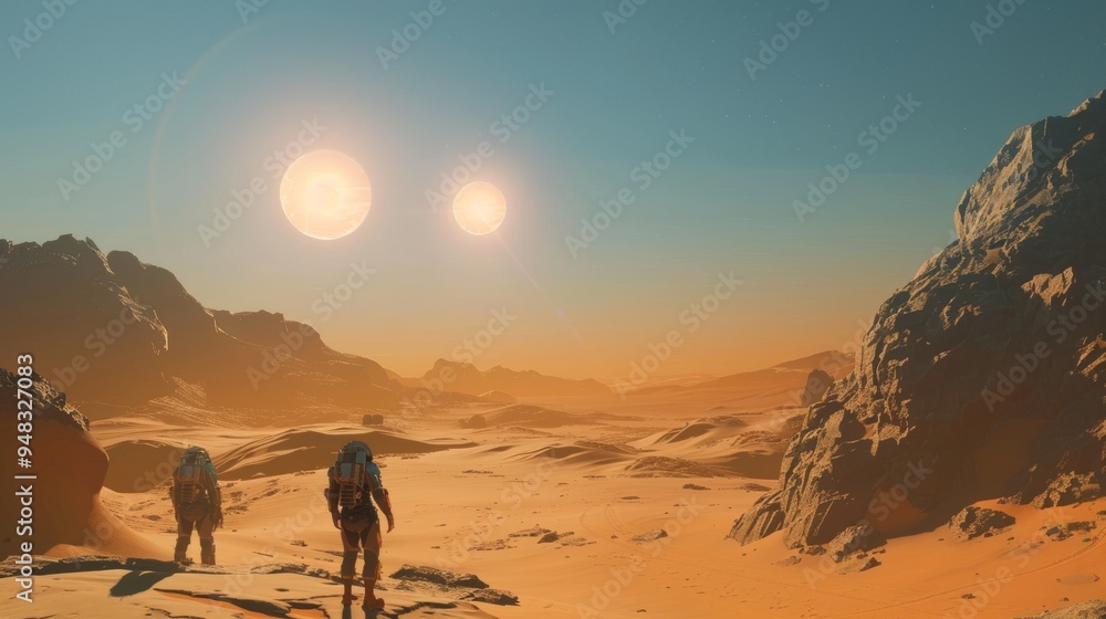 Obraz premium astronauts on a planet with 2 suns