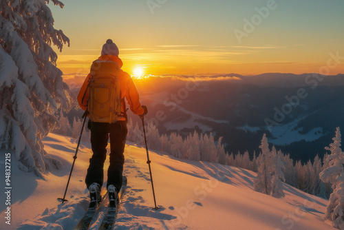Snow Ski At Sunset