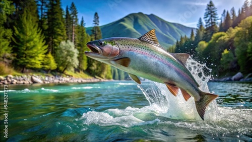 A sleek silver steelhead trout leaps out of the turquoise water, its shimmering scales catching sunlight amidst the rocky riverbed and lush green forest surroundings. photo