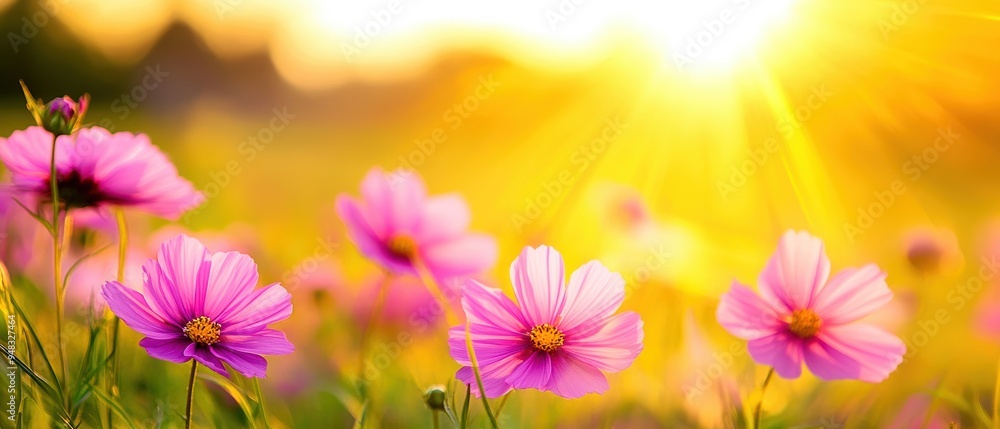 A field of pink cosmos flowers basking in the warm glow of the setting sun, with the grassy meadow blurred to create a peaceful, golden hour scene A field of pink cosmos flowers basking in the warm glow of the setting sun, with the grassy meadow blurred to create a peaceful, golden hour scene