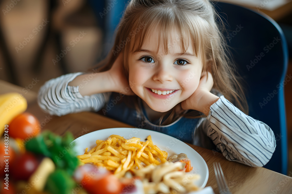 Close up portrait of smiling Cute little kid girl eating dinner
