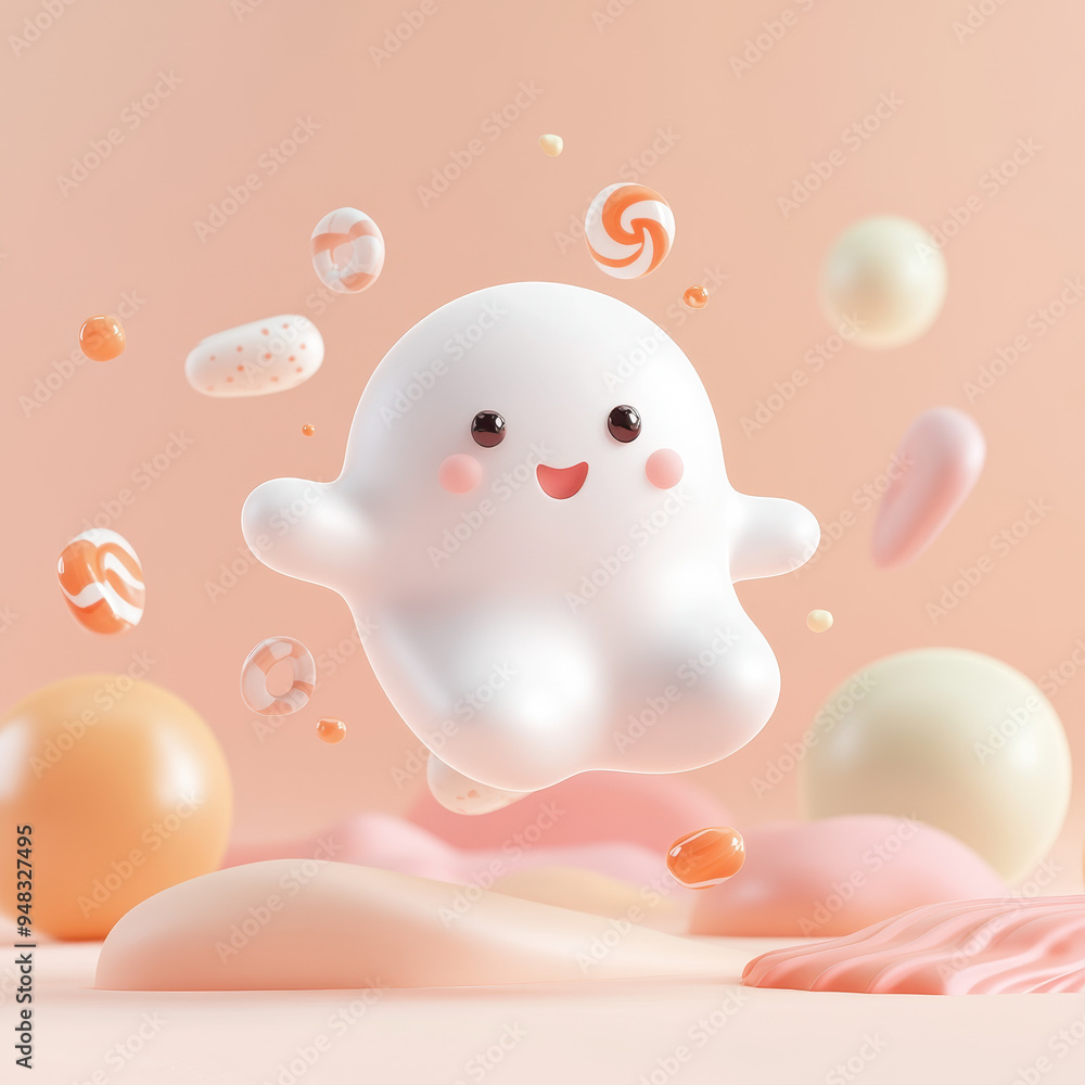 3D cute ghost cartoon jumping happily with candy floating in the air in pastel color style 3D cute ghost cartoon jumping happily with candy floating in the air in pastel color style