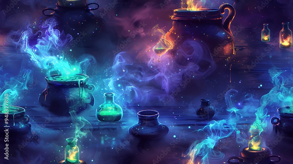 Fototapeta premium A seamless cartoon pattern featuring bubbling cauldrons with vibrant green potions, surrounded by floating potion bottles and swirling mystical smoke,
