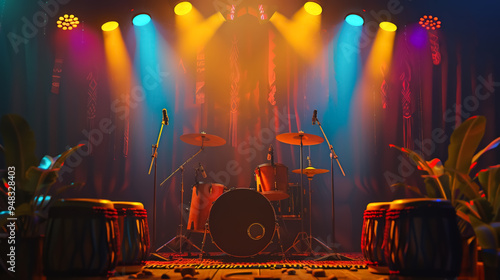 Vibrant Stage with Drums and Colorful Lighting