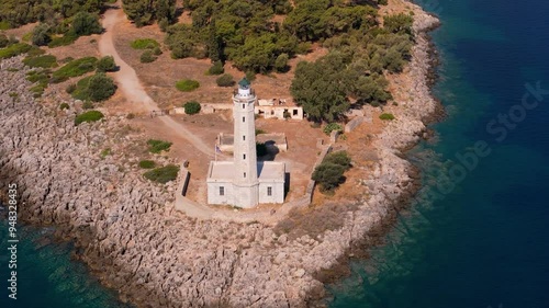 greece peloponnese region gytheio town lighthouse coastal houses chapel and boats aerial view 4k footage photo