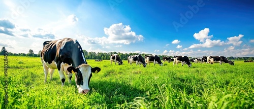 A herd of dairy cows grazing in a sprawling green meadow, under a vivid blue sky dotted with a few fluffy clouds