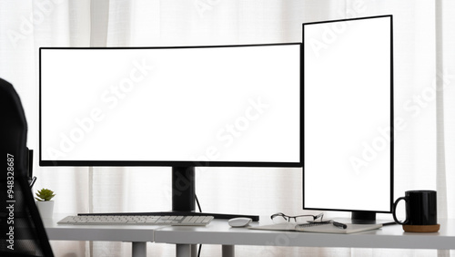 Bilde på lerret Ergonomic workspace setups, highlighting the benefits of dual monitors for incre