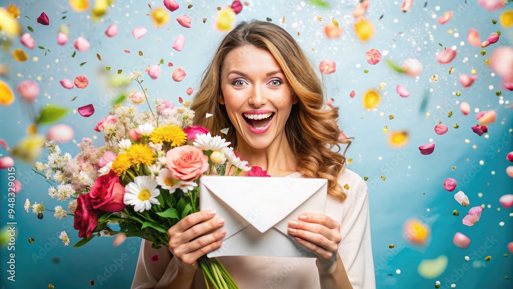 A smiling woman holds a white envelope with a happy expression, surrounded by flowers and confetti, conveying excitement and joy in receiving a special letter. A smiling woman holds a white envelope with a happy expression, surrounded by flowers and confetti, conveying excitement and joy in receiving a special letter.