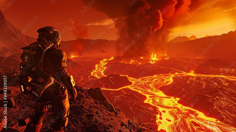 Fototapeta premium astronaut on a lava planet