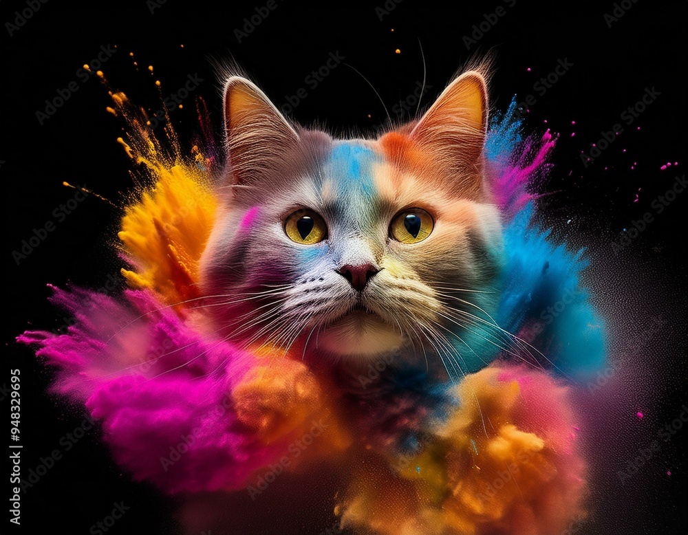 Katze aus Farbpulver, auf schwarzem Hintergrund, explodierend Katze aus Farbpulver, auf schwarzem Hintergrund, explodierend