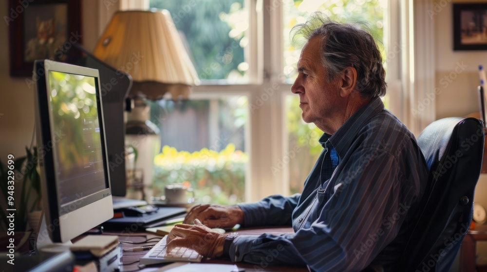An adult taking an online certification exam, focused on the computer screen in a quiet home office An adult taking an online certification exam, focused on the computer screen in a quiet home office