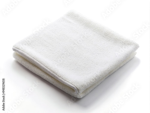 A soft, white microfiber cloth lies flat on a pure white background, its gentle texture and fibers visible in exquisite detail, ready for camera cleaning duties.