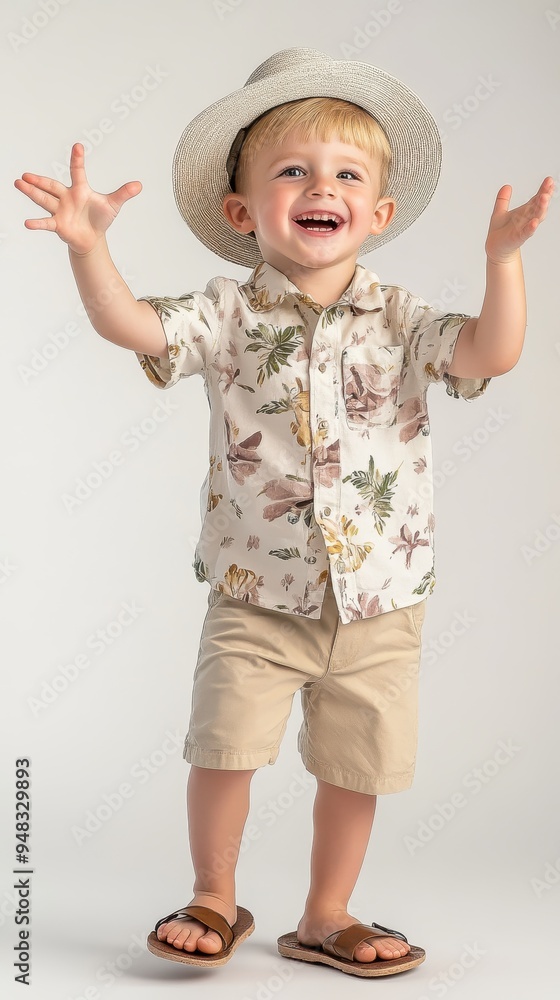 A young boy wearing a light floral shirt and shorts joyfully spreads his arms, capturing the spirit of summer fun indoors A young boy wearing a light floral shirt and shorts joyfully spreads his arms, capturing the spirit of summer fun indoors