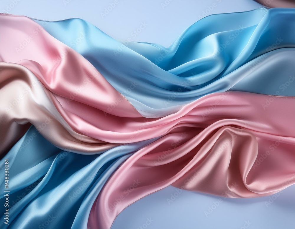 Vibrant pastel blue and pink silk cloth with folds and creases dancing in the air. Vibrant pastel blue and pink silk cloth with folds and creases dancing in the air.
