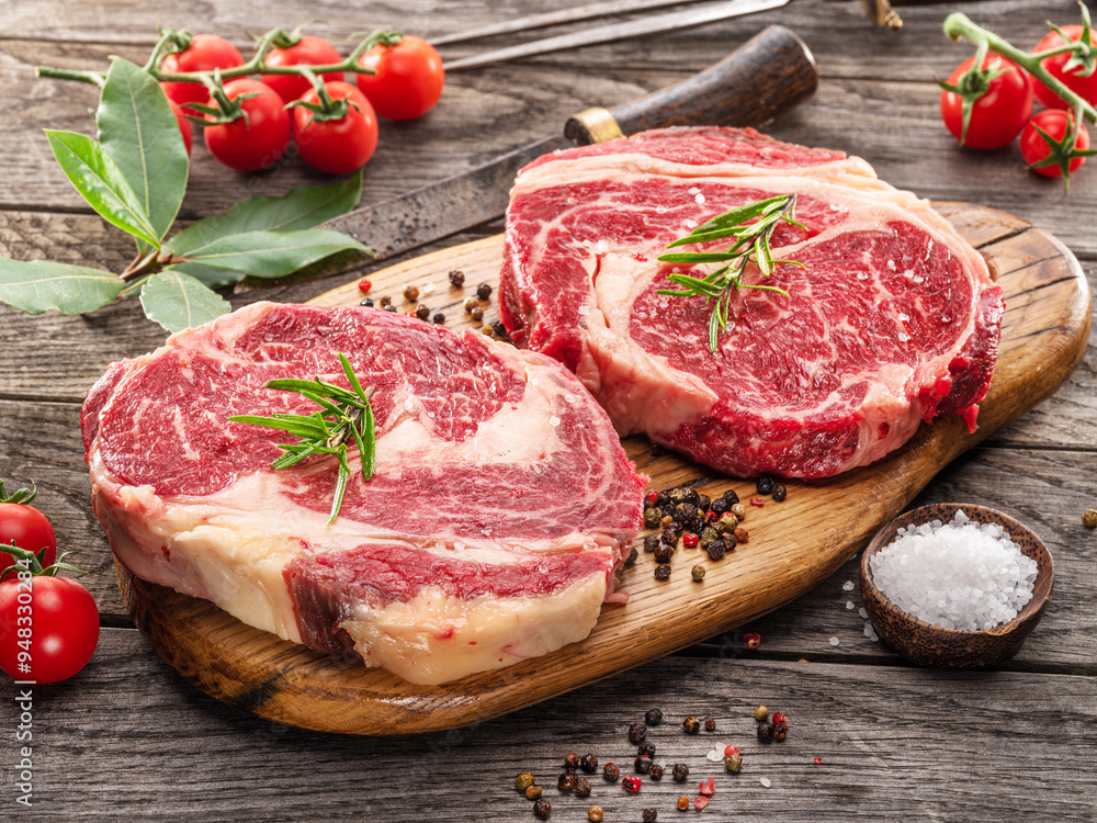 Raw beef steaks with herbs and spices ready for cooking are on wooden board. Raw beef steaks with herbs and spices ready for cooking are on wooden board.