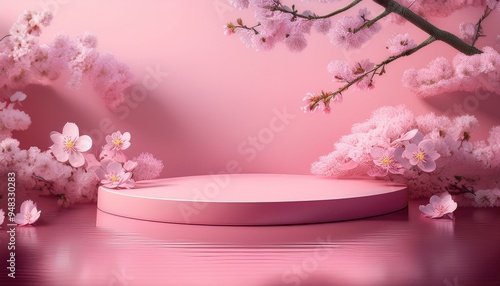 Vibrant pink scene with floating podium and blooming cherry blossoms. photo