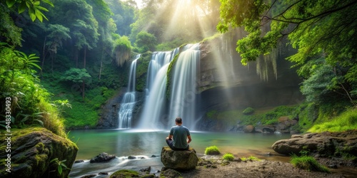 A solitary figure sits in quiet contemplation, surrounded by lush greenery, in front of a majestic waterfall, embodying serenity and inner peace in nature's splendor. photo