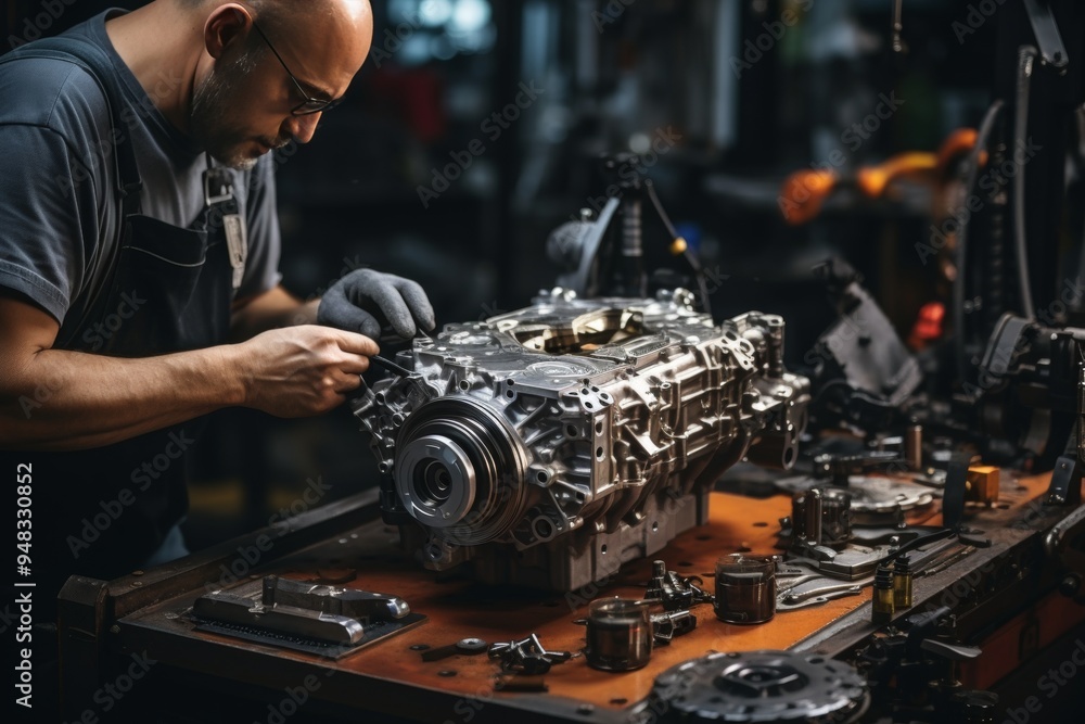 Obraz premium Male mechanic inspecting car engine in bright auto workshop, car repair service concept