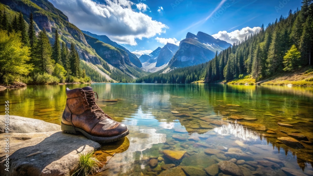 Obraz premium A solitary hiking boot stands at the edge of a serene mountain lake, surrounded by lush greenery and majestic mountains under a clear blue sky.