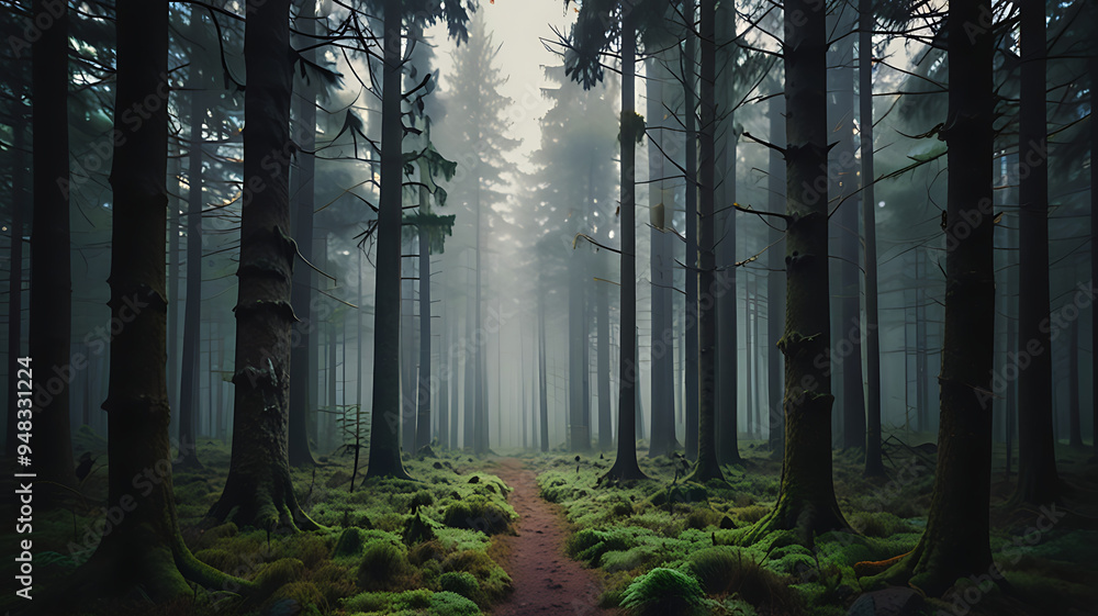 Fototapeta premium A dense forest with towering pine trees, moss-covered ground, and a misty atmosphere in a secluded woodland