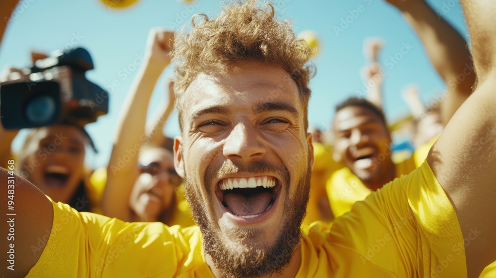 Football fan in yellow jersey smiles broadly, surrounded by fellow fans celebrating in background during sunny match. Football fan in yellow jersey smiles broadly, surrounded by fellow fans celebrating in background during sunny match.