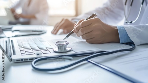 close up a doctor working on laptop