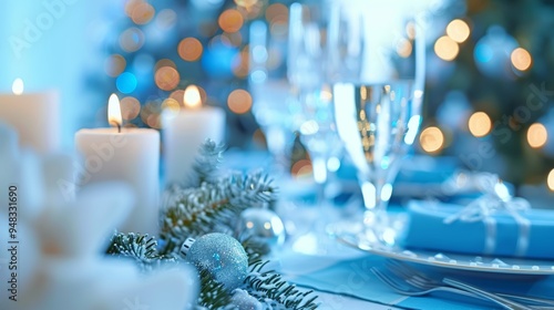 Elegant Christmas Table Setting in Blue Hues, with Candlelight, Ornaments, and Festive Touches