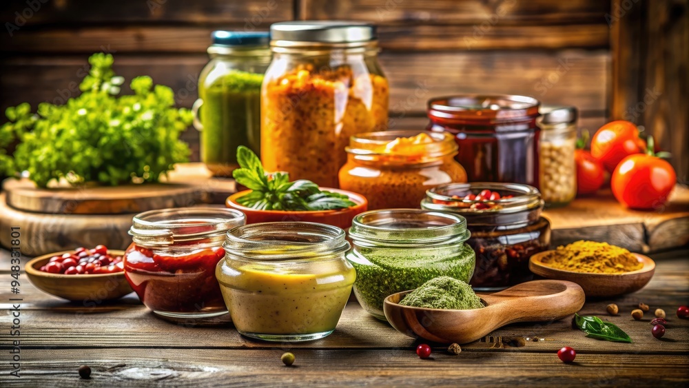 Assorted artisanal condiments and gourmet sauces in small bowls and jars on a rustic wooden table, with a blurred kitchen background. Assorted artisanal condiments and gourmet sauces in small bowls and jars on a rustic wooden table, with a blurred kitchen background.