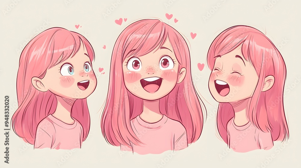 Happy Girl with Pink Hair in Different Poses.